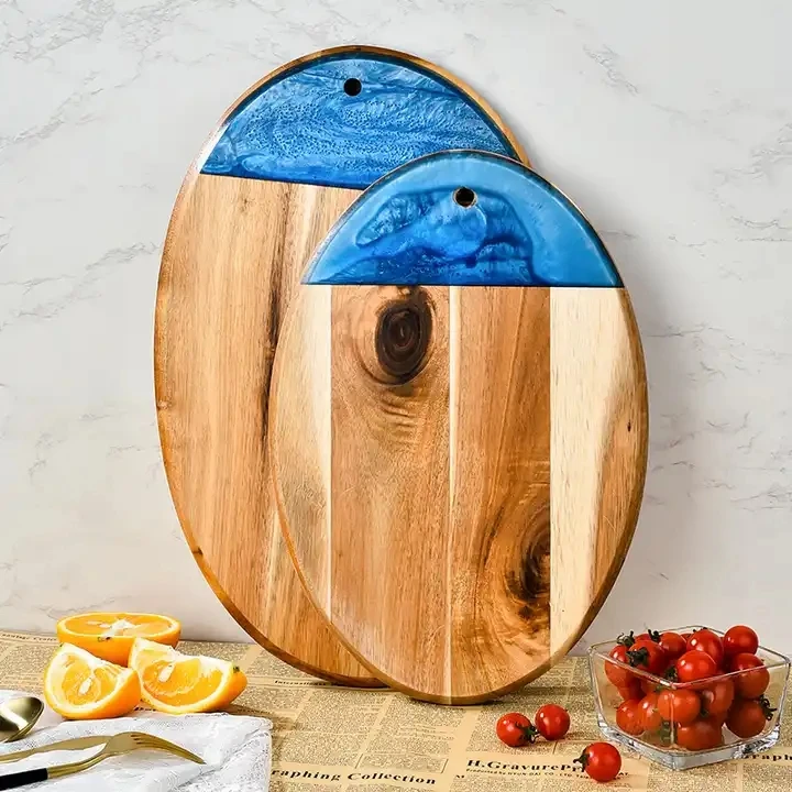 Blue Resin Cutting Board Acacia Wood Chopping Board Customizable Wood + Resin Oval Butcher Board for Kitchen Gift