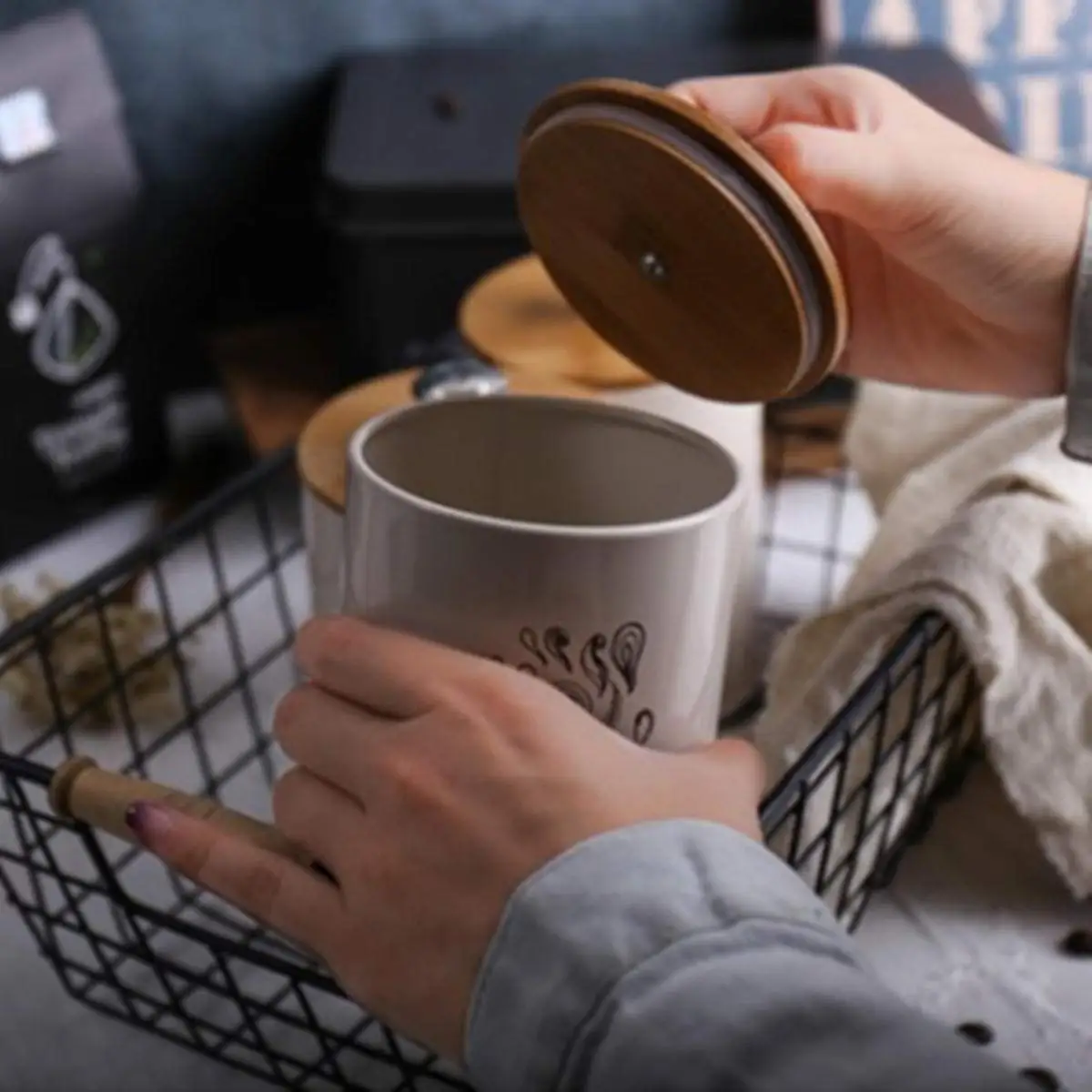 Set of 3 piece Kitchen Canister Jars with Bamboo Wooden Lids White Metal Rustic Vintage Canister Sets