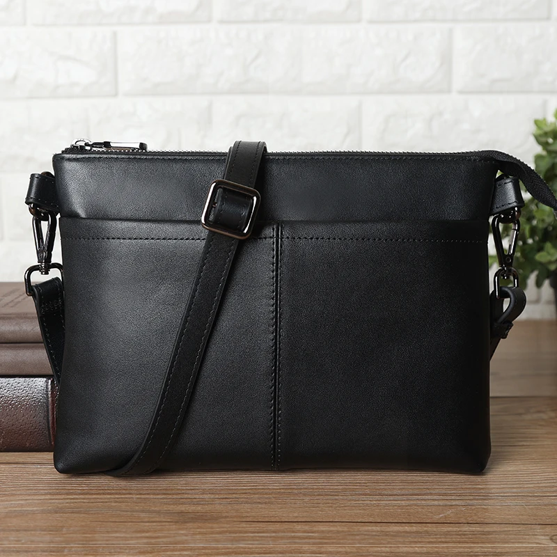 2023 New Design Wholesale Soft Cow Leather Slim Shoulder Bag For Men Outdoor Leisure Black Napa Leather Sling Messenger Bag