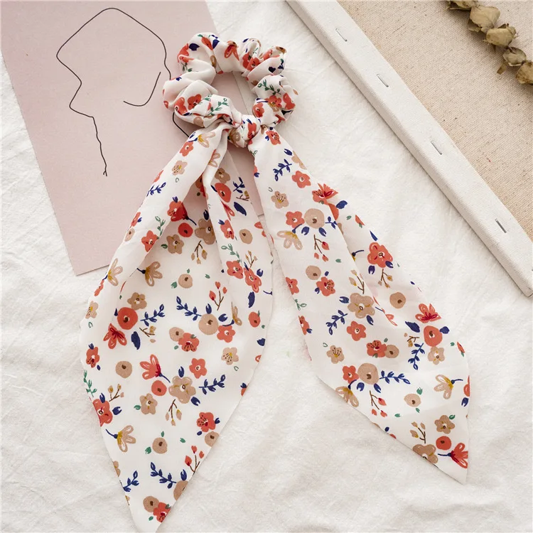 Chiffon Floral Printed Elastic Ties Ponytail Knot Hairband Women Hair Ponytail Ladies Flower Hair Scarf Scrunchies With Bow