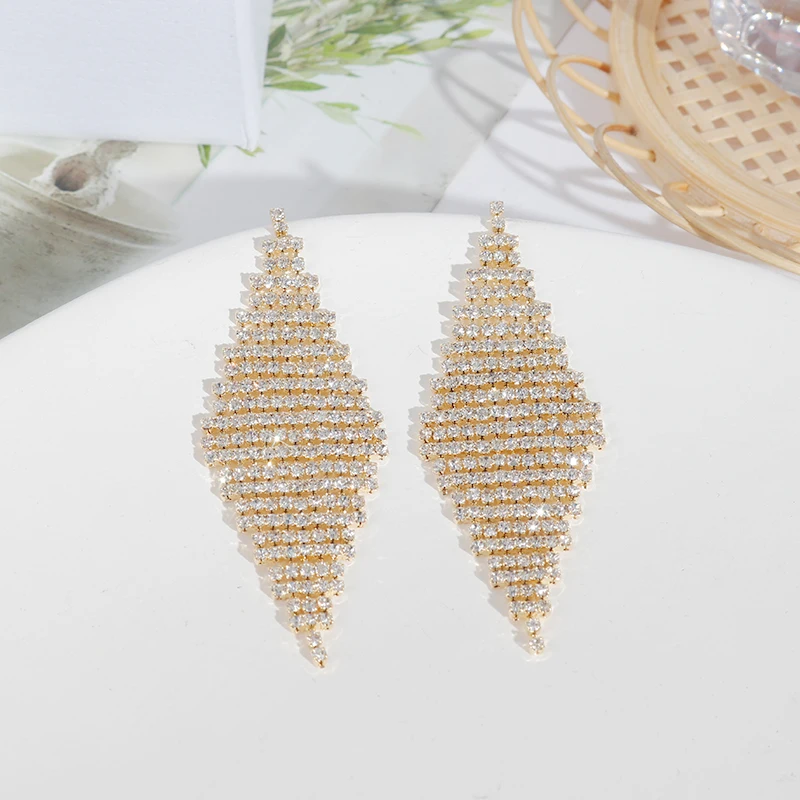 Luxury gold multi-layered rhinestone tassel earrings long crystal rhinestone chain tassel pendant earrings girl