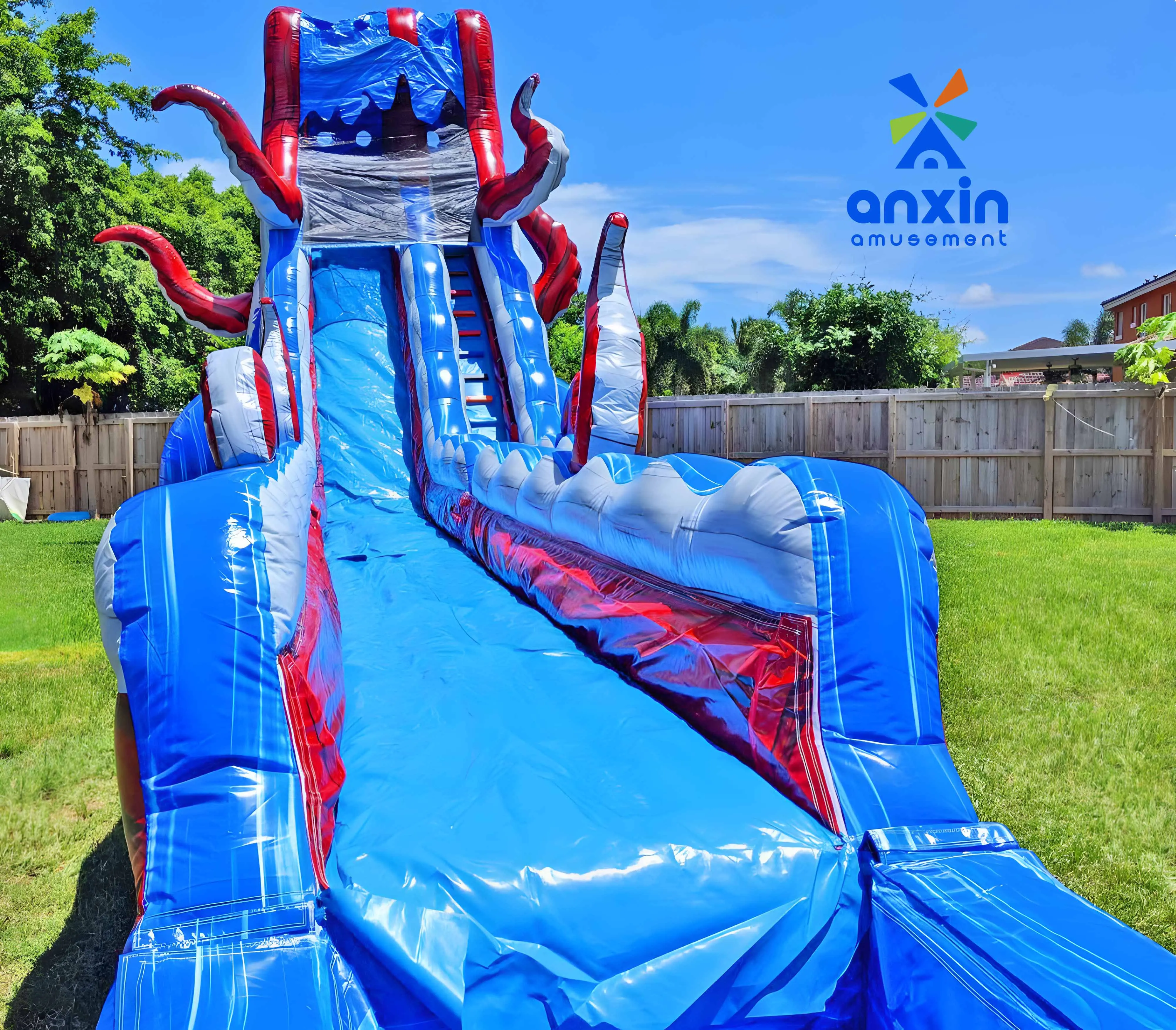 Large inflatable water slide red and blue color octopus shape Chinese manufacturers made cheap hot selling style party amusement