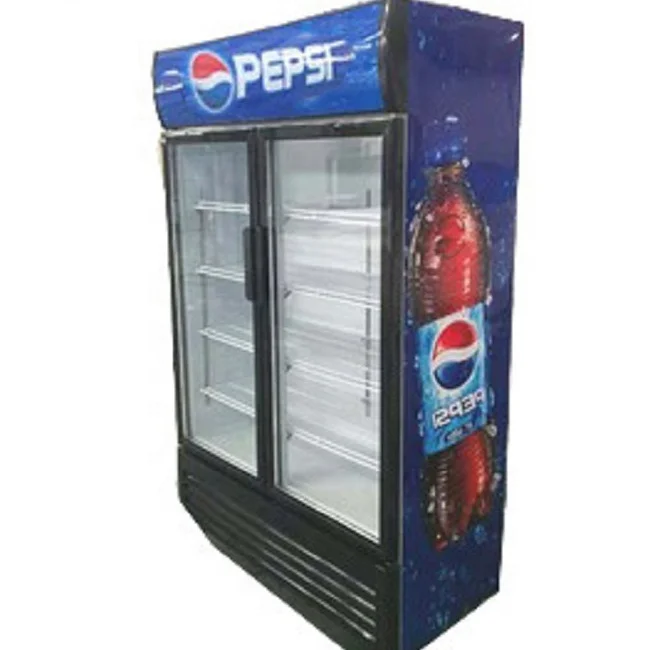 Вертикальный стеклянный двойной дверной дисплей холодильник pepsi