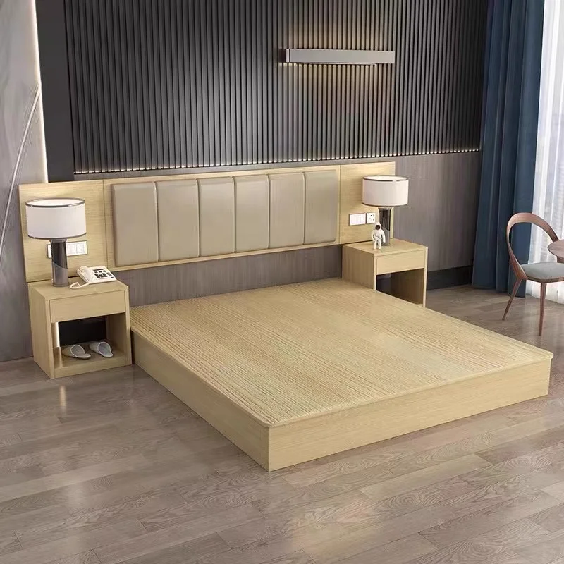 Latest designs hotel furniture solid wood frame upholstered full queen king size bed with side tables