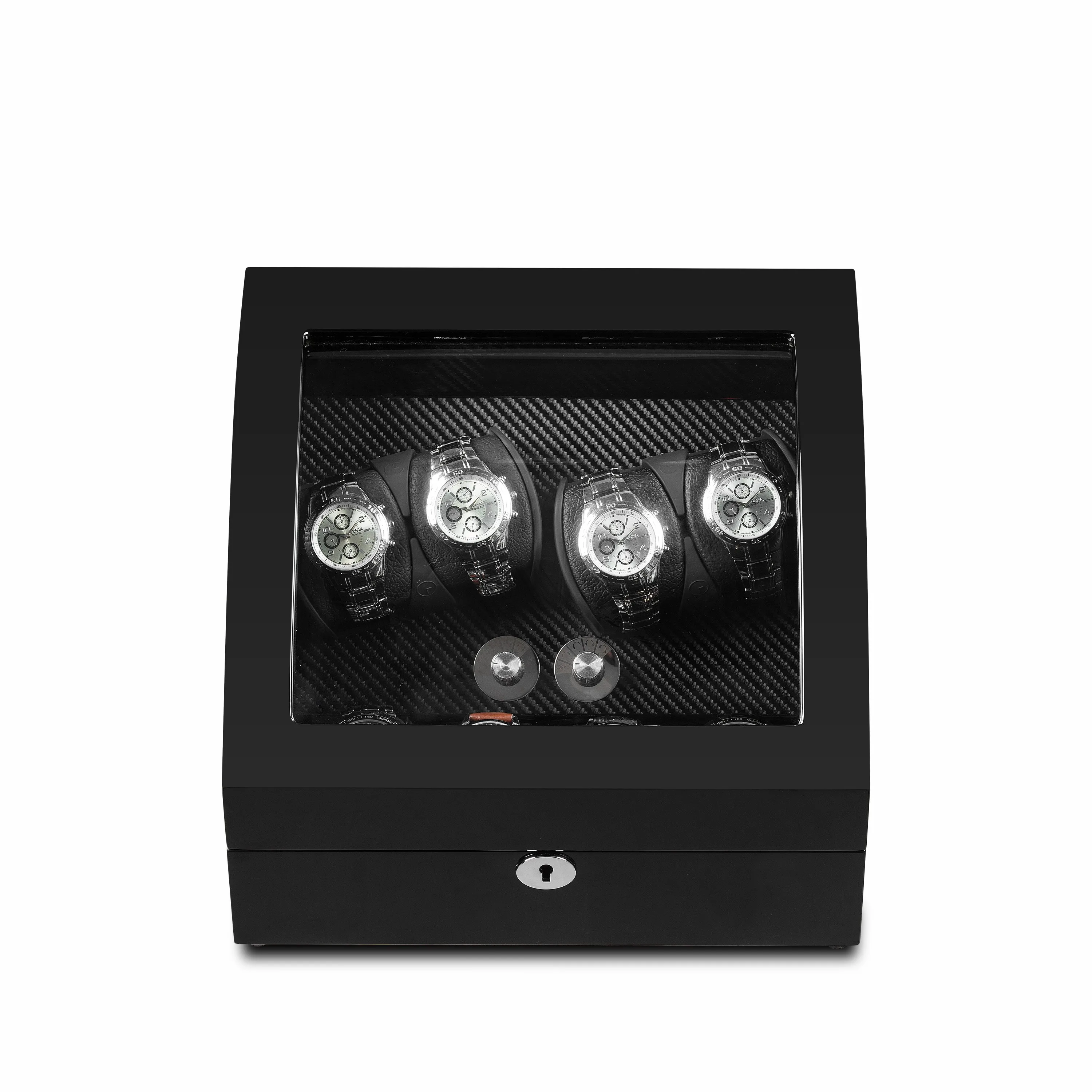 New upgraded luxury wood safe box led Mabuchi motor 4+4 automatic watch box winder watch boxes cases