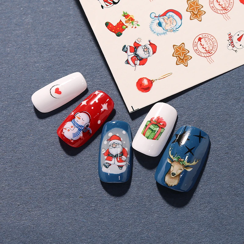 Wholesale Colorful Christmas Nails Art Decals Cartoon Claus Snowman Elk Watermark Nail Stickers