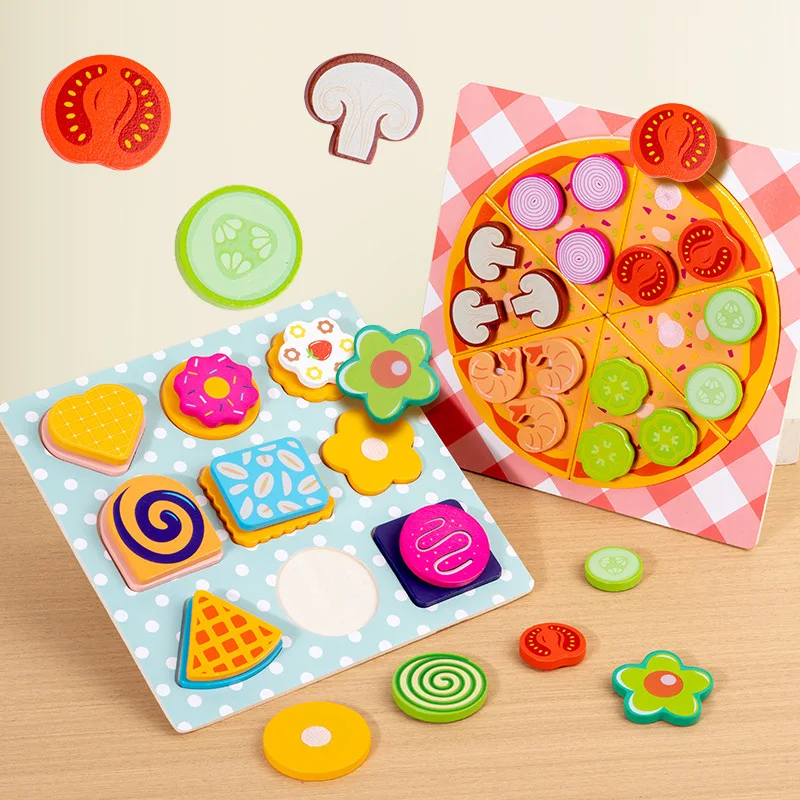 Montessori Education Pizza cookie bake Wooden Toy Set 3D Jigsaw Puzzle Pretend Kitchen Toys For Kids Toddler Boys and Girls