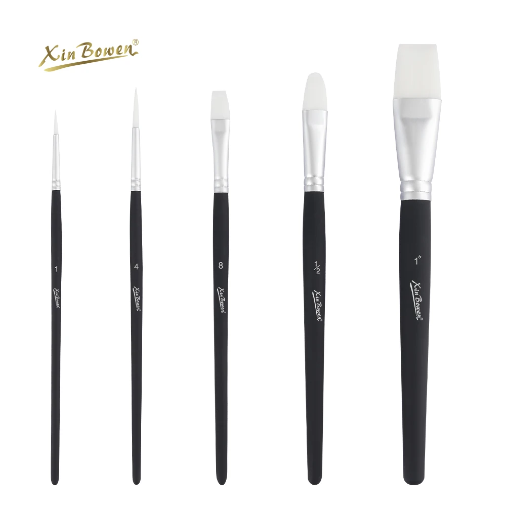 Xin Bowen Professional Paint Brush Set 5 Pieces Matte Black Nylon Hair Watercolor Oil Acrylic Painting Wood Handle