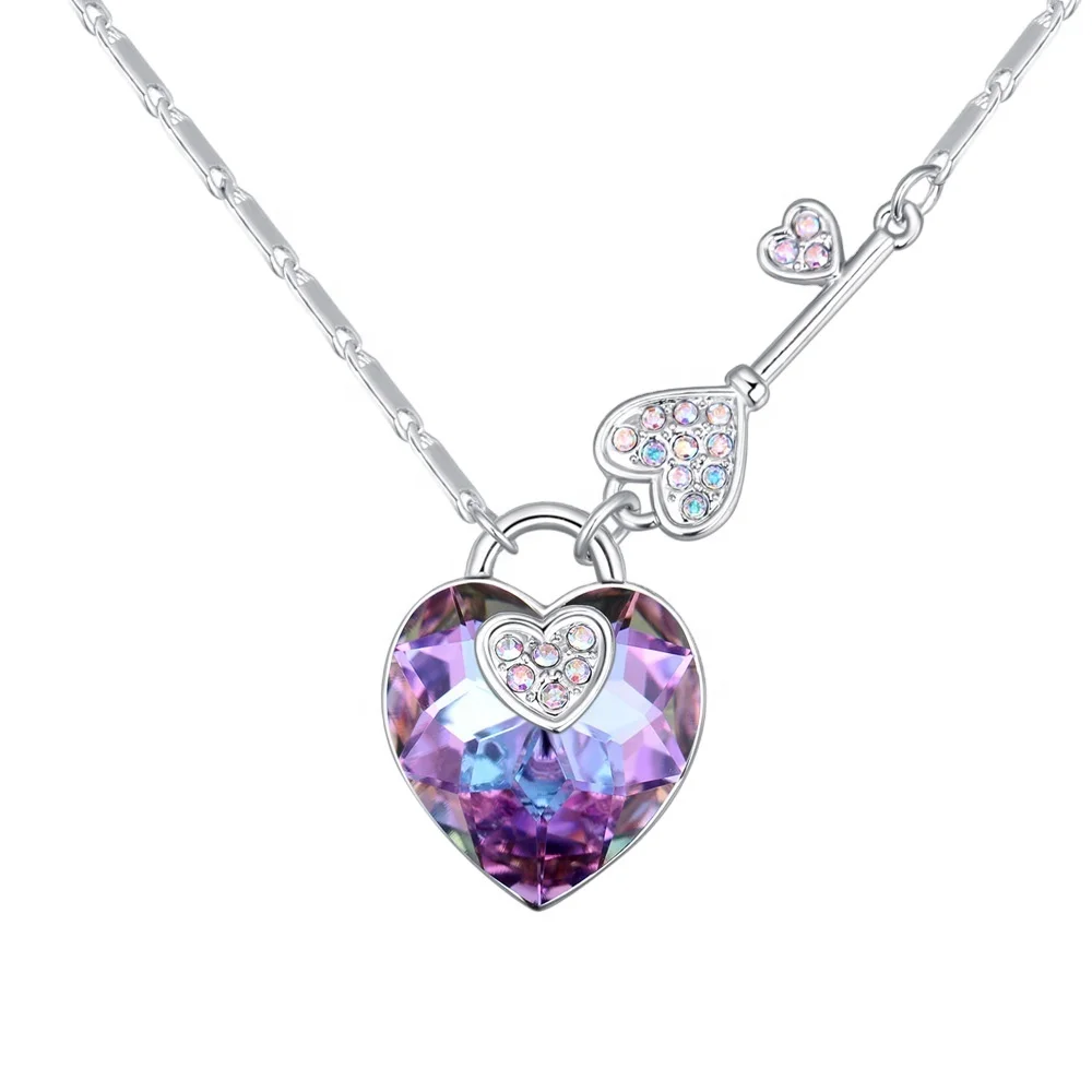 Europe and America Colorful crystal jewellery pendant women silver alloy heart lock key necklace