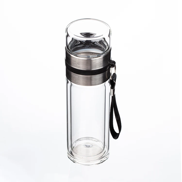Double-layer Transparent 400ml Glass Bottle with Stainless Steel Tea Filter for Office Custom Logo Cups