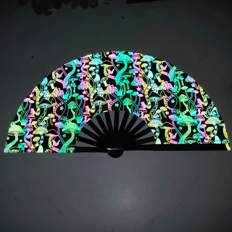 customized high visible uv light reflective large 33cm 13 inches folding clack bamboo hand fan for festival rave party culture