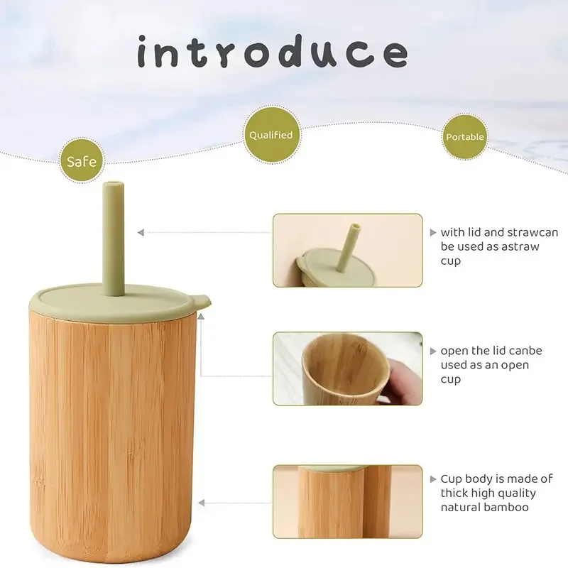 Hot Sale  Baby Learning Drinking  Straw Cups With Lid  Natural Bamboo Silicone  Water Cups For Children Kid