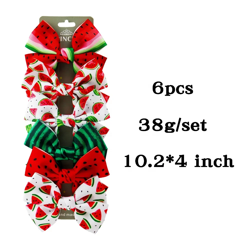HCArtware Wholesale 6 PCS Cute Hair Bow Clips For Girls 4 inch Boutique Ribbon Watermelon Pattern Kids Hair Clips
