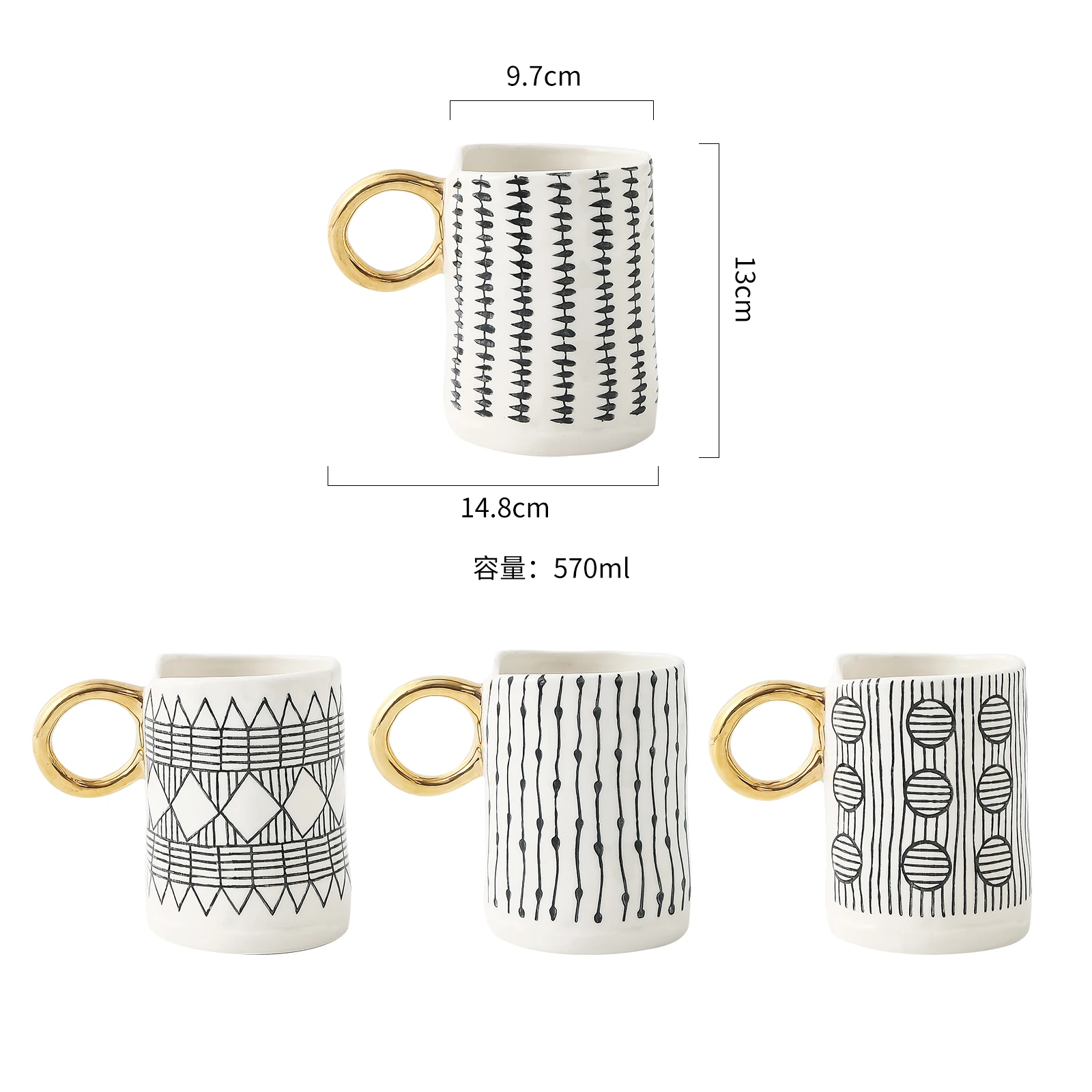 20 oz Tazza Wholesale Luxury Nordic Style Porcelain Custom Latte Ceramic Coffee Mugs Cups with Gold Handle