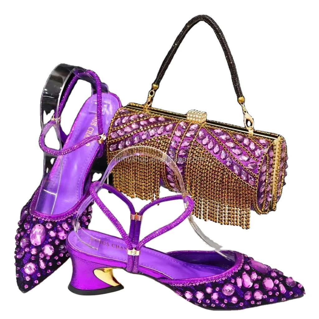 wholesale shoes and bag set high heels gold african leather matching pu carved crystal handbag stone pointy shoes for wedding