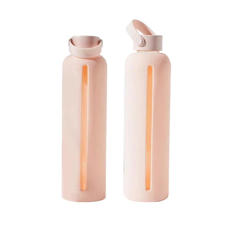 32 oz 1 Liter  Glass Water Bottle with Time Marker  Plastic Sleeve Gym Fitness Sports