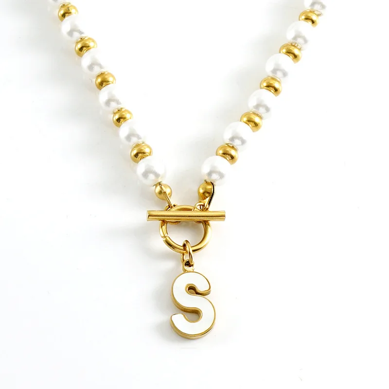 BJG0100N A-Z Letter OT button Fashion Jewelry Necklace Stainless steel 18K Gold White Imitation pearl Pendant Necklace