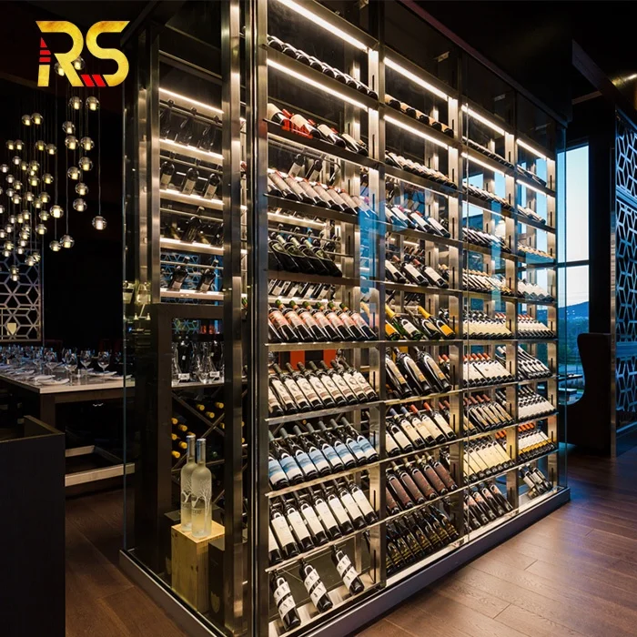 Commercial stainless steel wine display sand luxury wall large whiskey storage display racks wine cabinet