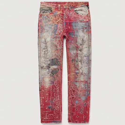 AIPA Denim manufacturer Custom Bandanna Paisley pattern patch Men Jean Pants Stacked Flared fit Jean