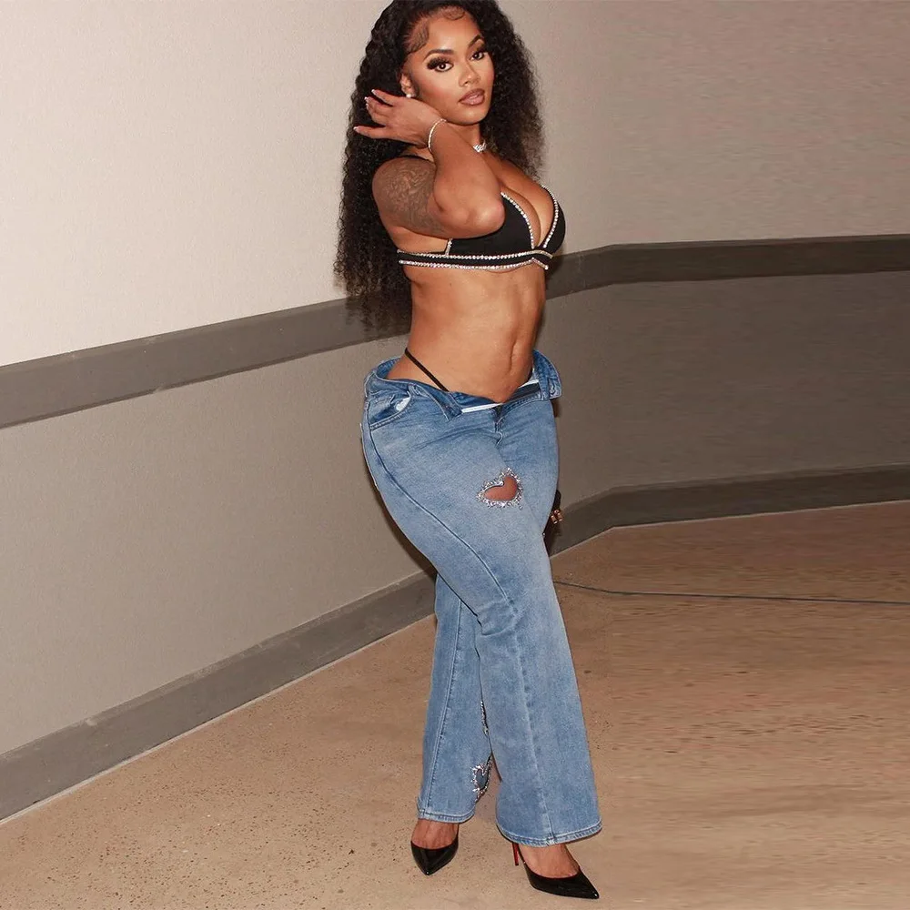 2024 new Fashion Straightse sequin rhinestone heart shape hollow out Fit Sexy Hollow Out High Waist Women loose Jeans pants