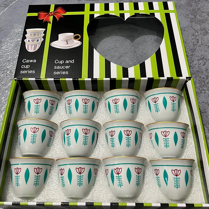 Arabic Mid East Classic Ceramic Cawa Cups Set Custom Tableware 12pcs Cawa Cups With Gift Box