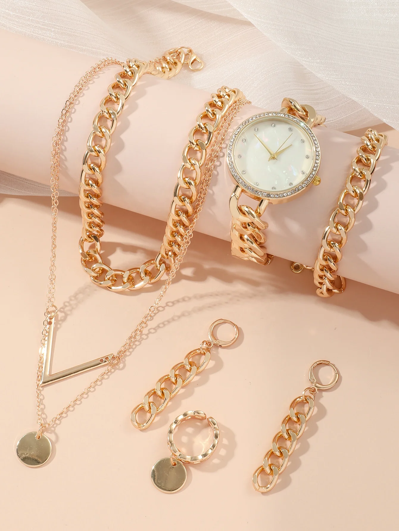 Fashion 6 PCS Jewelry Watch Gift Set Quartz Lady Watch Set Bling Hip Hop Diamond Women Watch Set