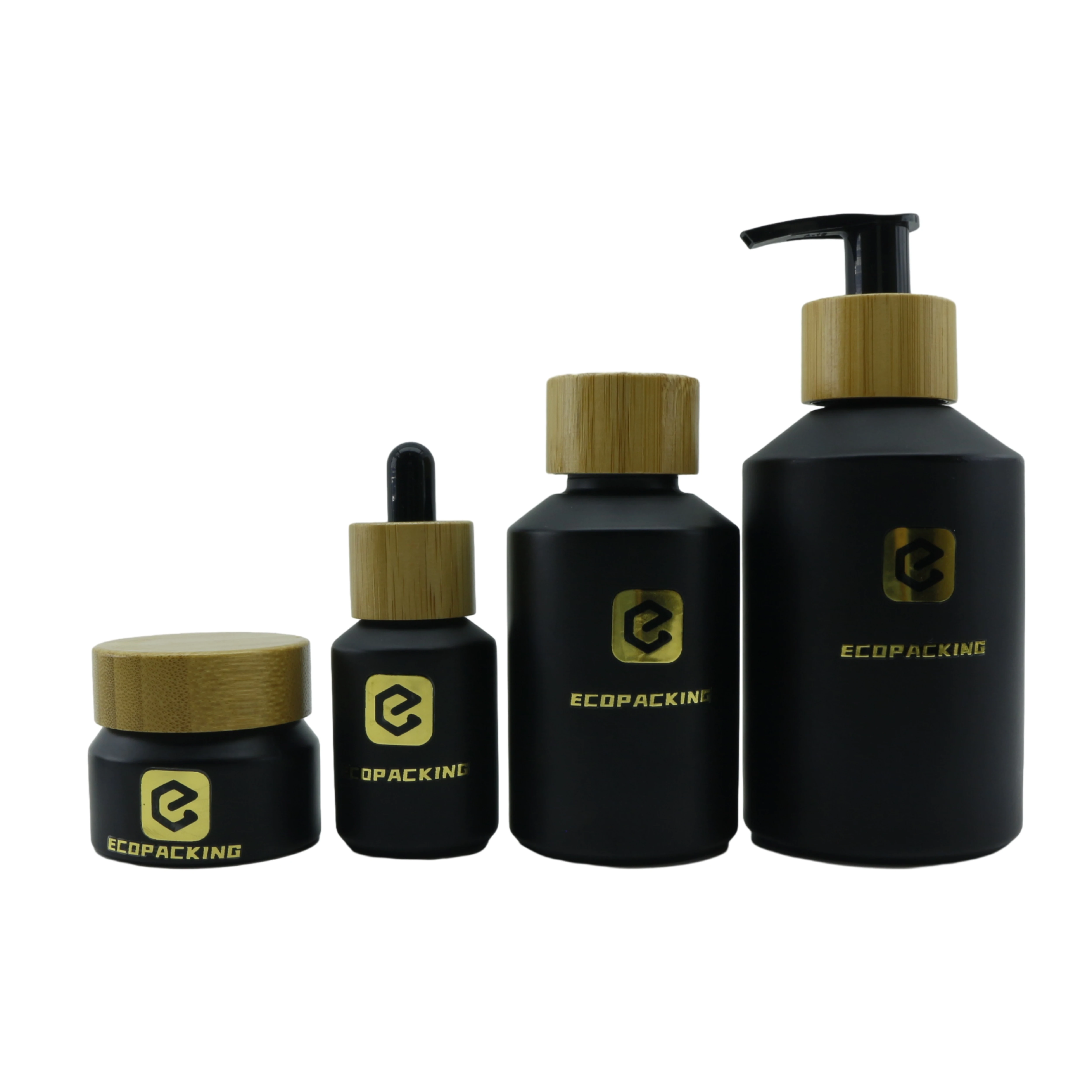 Luxury cosmetic slant shoulder empty black lotion face cream glass jar bottle set with bamboo pump dropper spray lid