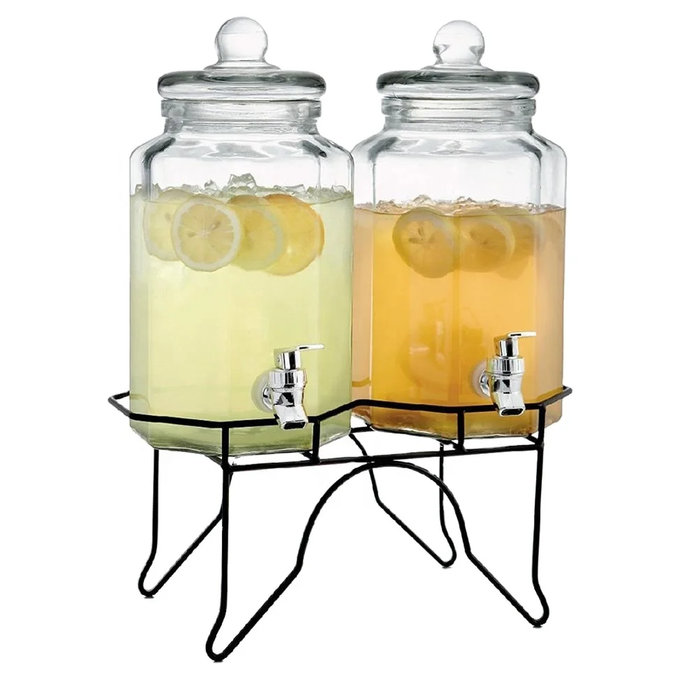 Wide Mouth 4L Clear Juice Glass Mason Jar Dispenser With Tap Metal Stand For Beverage