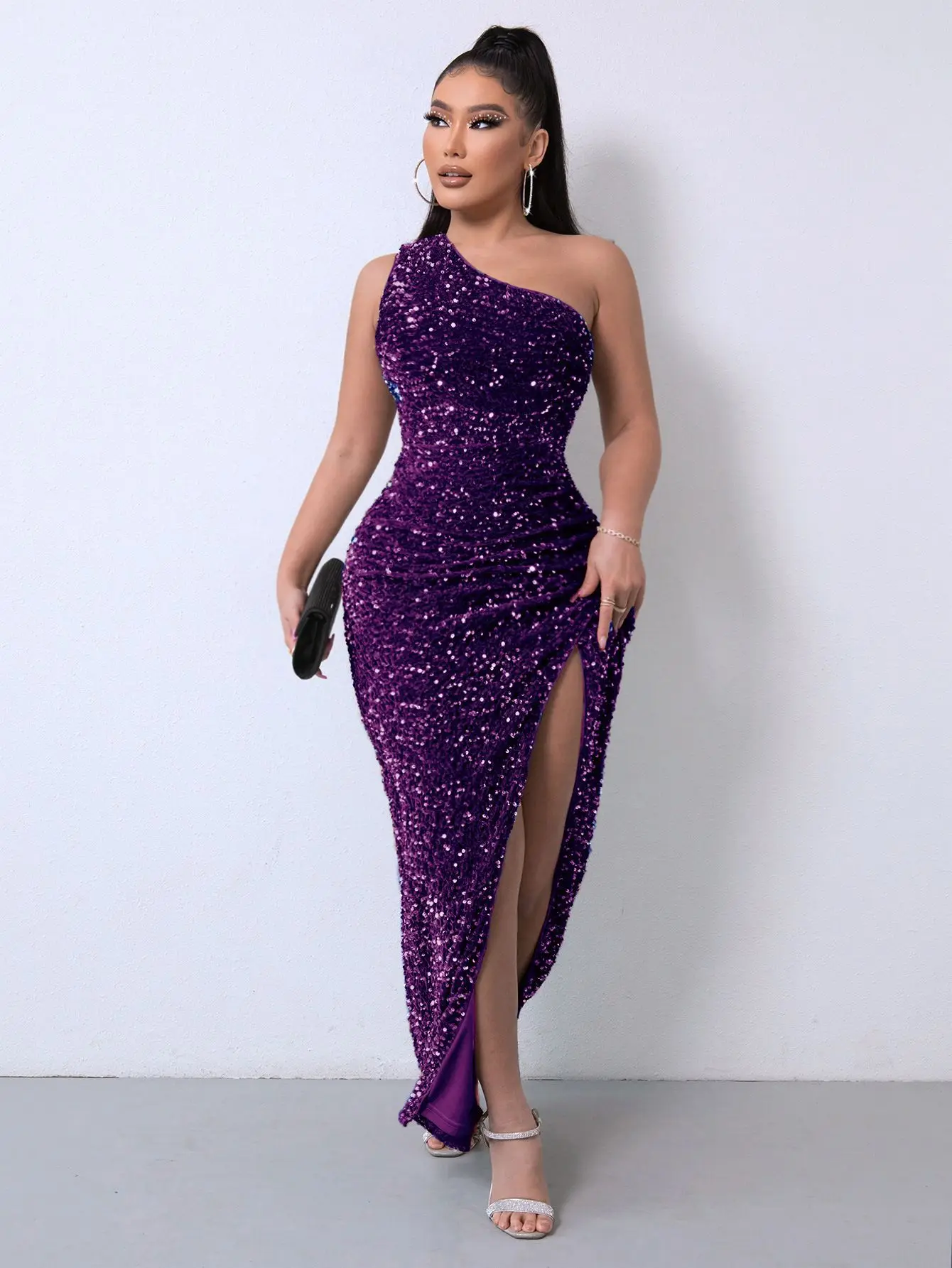 Factory in Stock One Shoulder Long Dress with Slit Formal Elegant Sequin Cocktail Dress for Women
