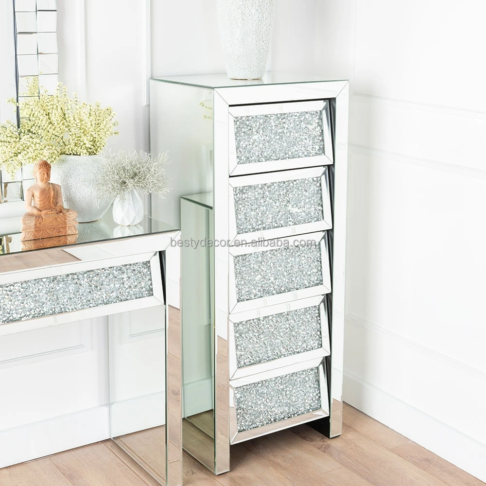5 Drawers Diamond Furniture Wood Living Room Luxury Storage Mirrored Frame Wood Cabinets Chest Of Drawer