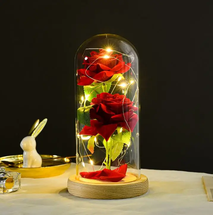 Wholesale Valentine Day Gifts Preserved Rose Forever Flowers LED Glass Cover Night Light