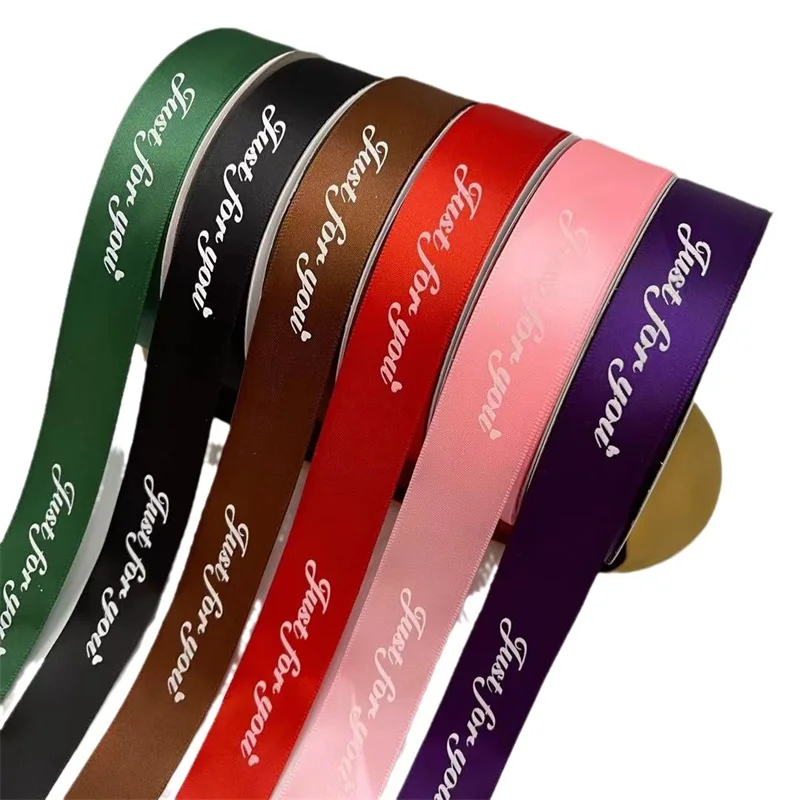 Factory wholesale double faced custom colors embossed printed black polyester satin ribbon with logo