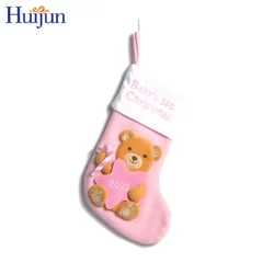 2021 Lovely 16 inch Soft Fleece Baby Christmas 3D Bear With Star Stocking Wholesale Gift Bag Baby First Xmas Tree Decorations