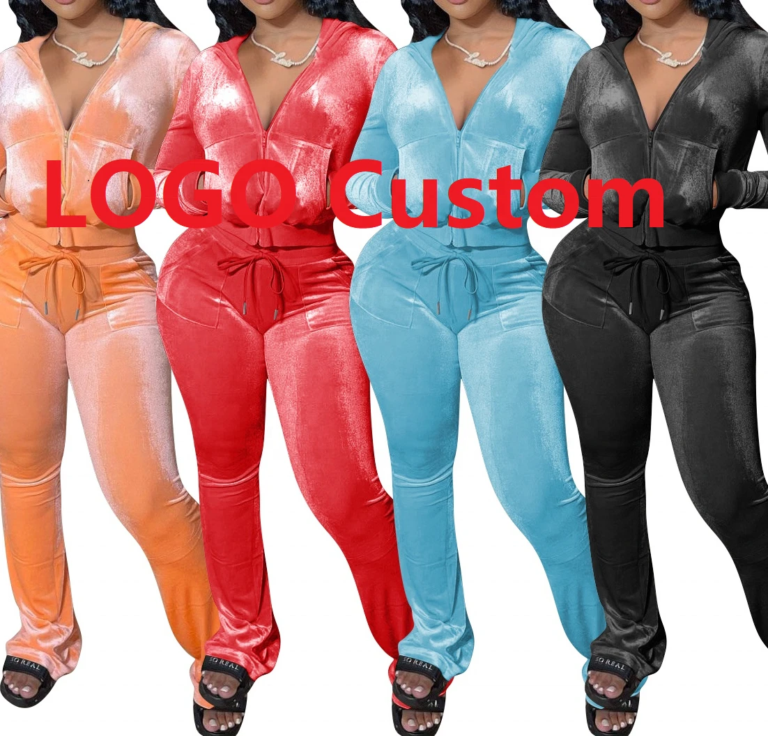 Autumn New Design Fashion 2 Piece Flare Pants Sets Lady Velour Tracksuits Matching Sets For Women