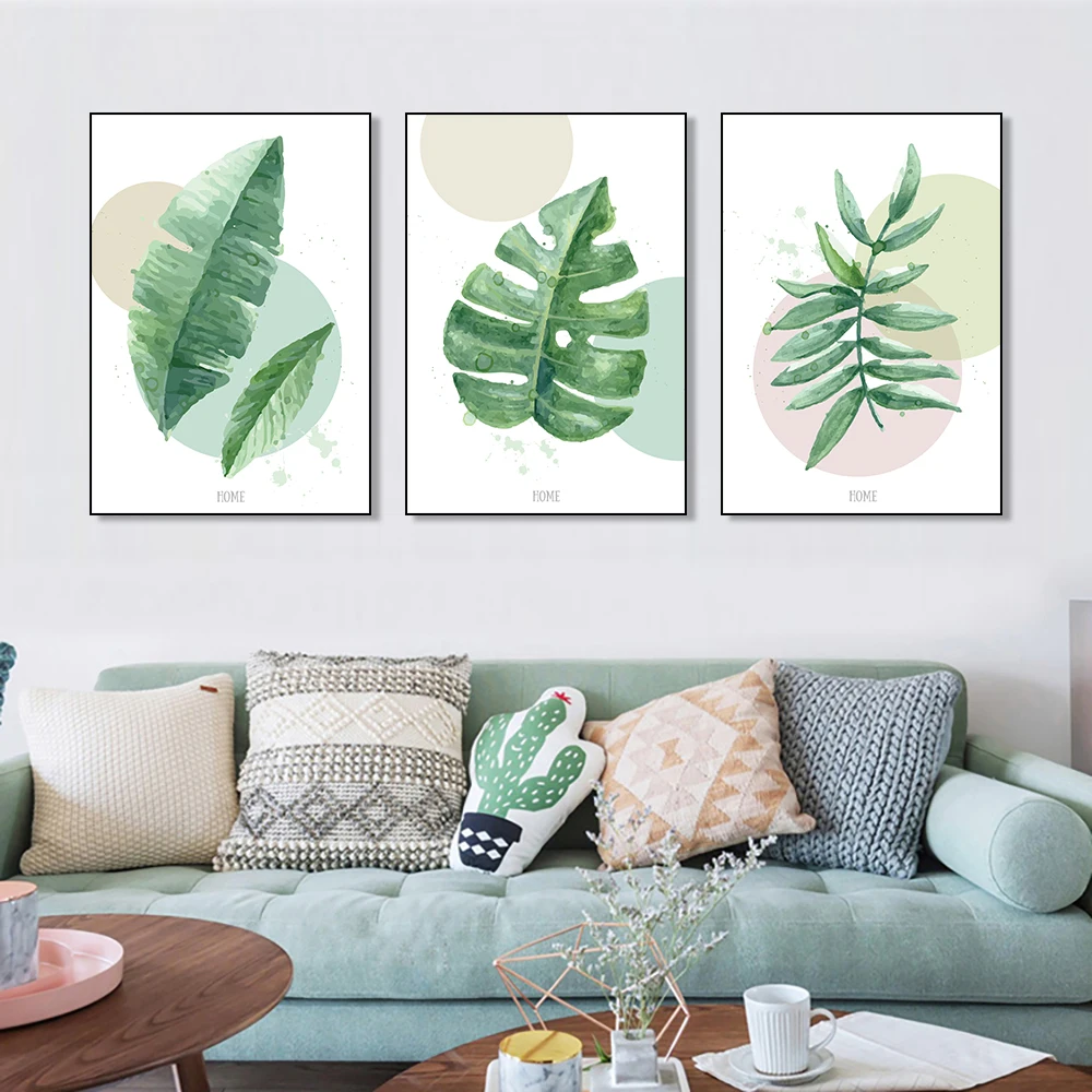 Leaves Wall Painting Framed Art for Home Decor Large Canvas Green Wood DX CMYK Wall Deco 3 Piece/set White 1mm Thick DXBD-479