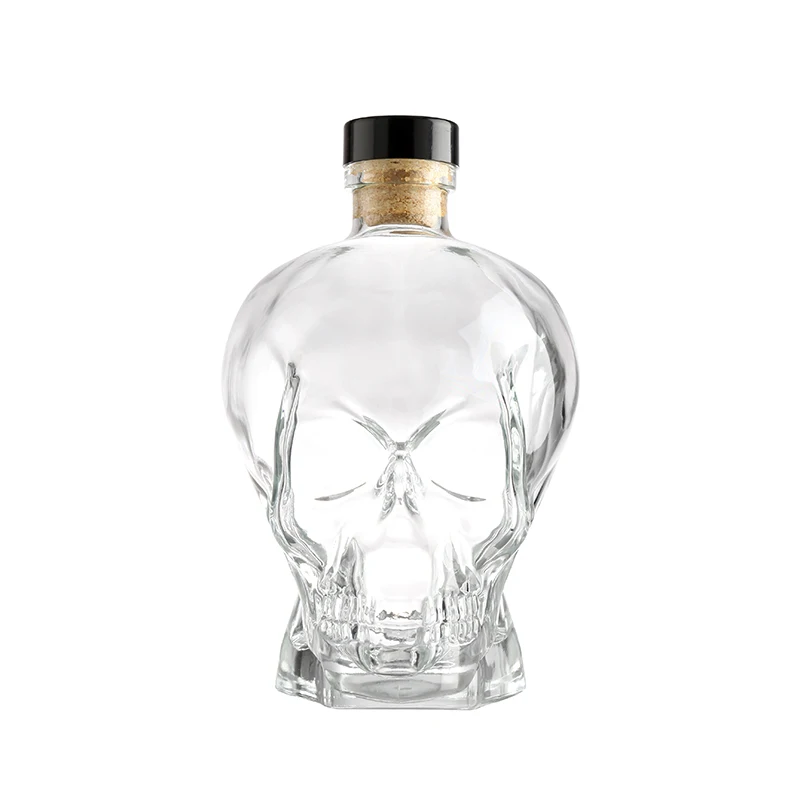 Hot selling glass bottle skull shaped glass bottle whiskey bottle with stopper