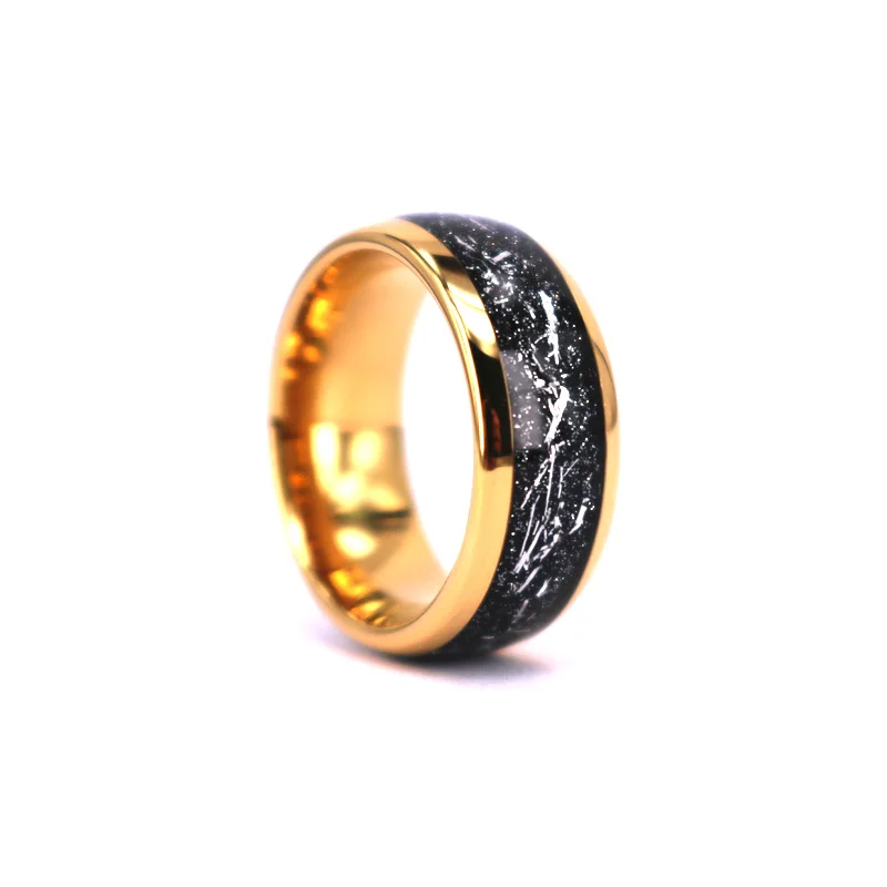 Dome Yellow Gold Ring Imitated Meteorite Inlay Comfort Fit Unisex Anniversary Engagement Galaxy Series Tungsten Wedding Ring