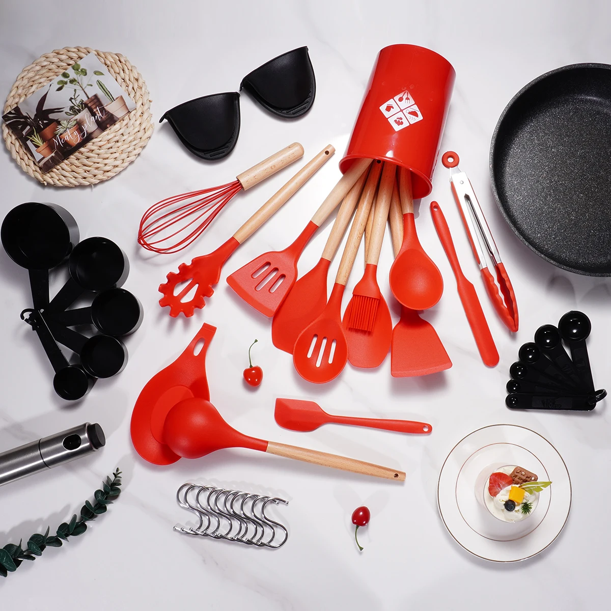 12 Piece 38pcs Nonsti Kitchen Cooking Utensil Set Colorful Cooking Kit Cookware Silicone Cooking Utensils Set With Wooden Handle