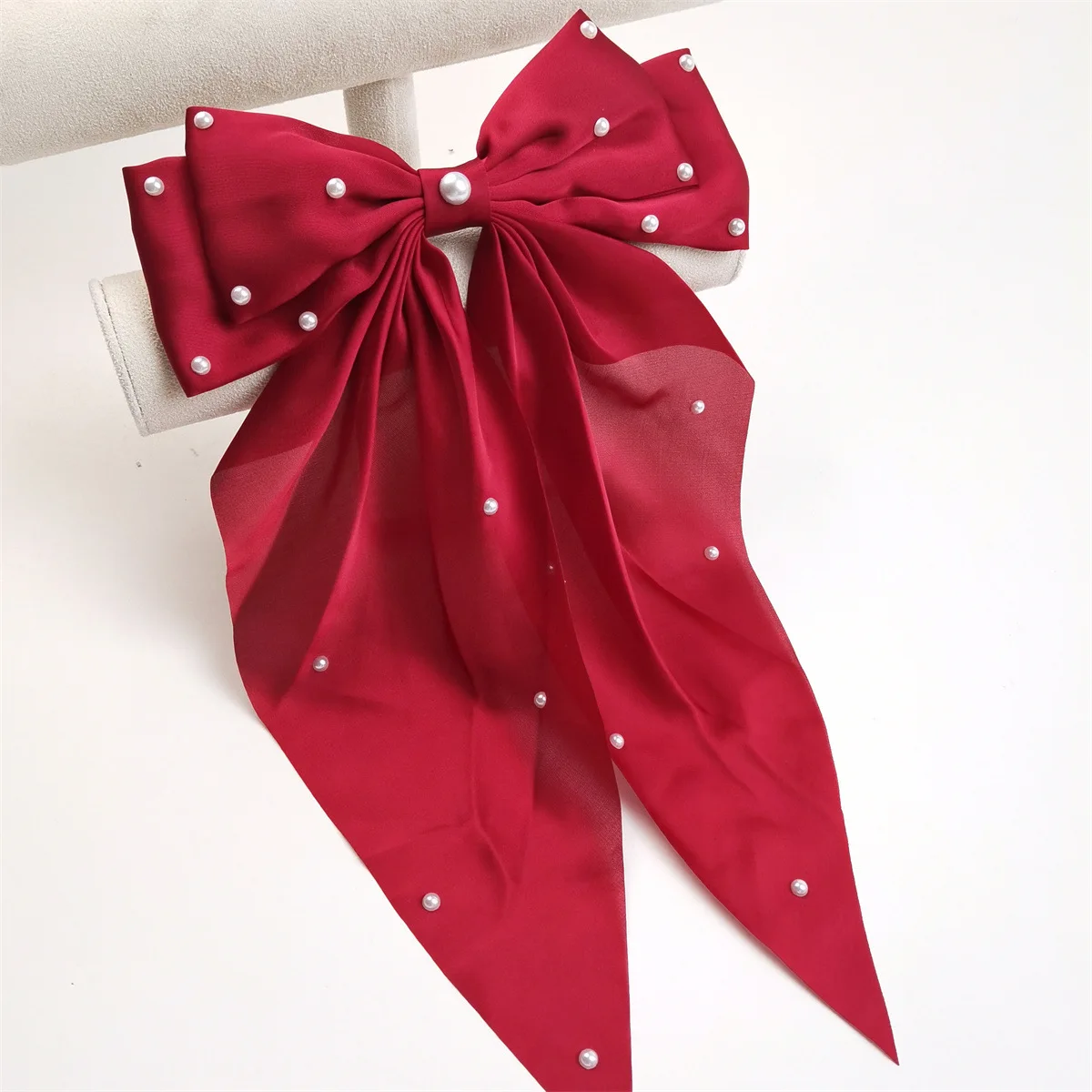 New Fashion Large Bowknot Pearl Hair Clip Trendy Fabric Bow Ribbon Spring Clip Women Hair Accessories Wholesale