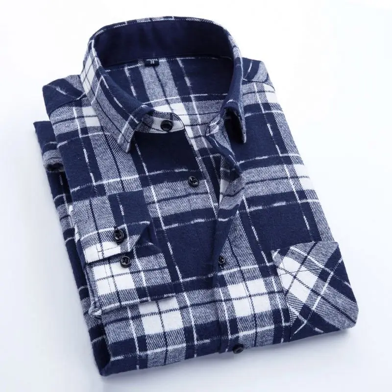 OEM/ODM camisas sky blue and black plaid custom Hexagonal cuff single pocket Turn-down Collar full sleeves flannel shirt for Men