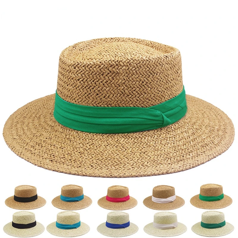 Custom Summer Panama Beach Ribbon Wide Brim Sun Cap Women Straw Boater Skimmer Hat