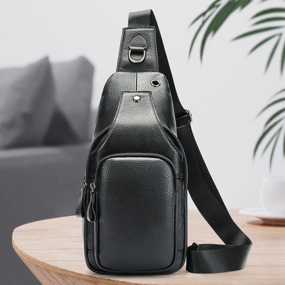 MARRANT Men Genuine Leather One Shoulder Chest Bags with Earphone Hole Leather Crossbody Sling Bag Chest Bags for Men Leather