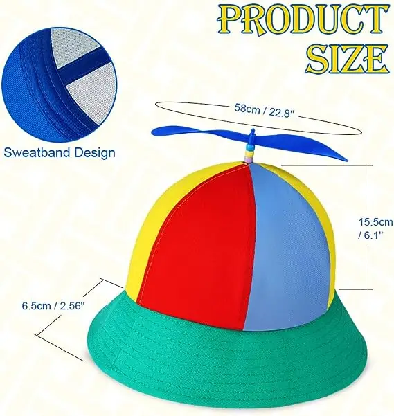 Adults Funny Helicopter Fisherman Hat with Propellers Colorful Patchwork Rainbow Propeller Cap Summer Sun Protection Sun Hats