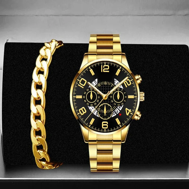 Business Trend Fashion Round Large dial Three eyes Calendar Quartz Watch + Bracelet (2pcs/set)