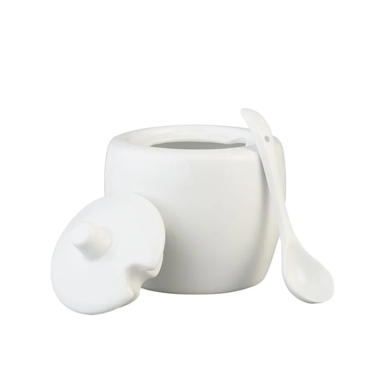 White Porcelain 8 ounce Covered Sugar Bowl with spoon