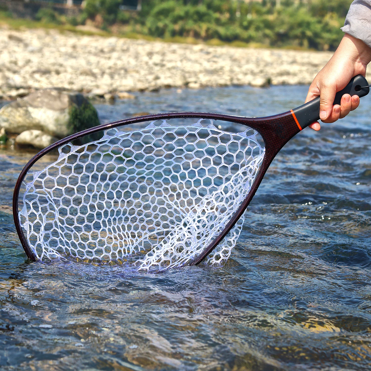 SF Fly Fishing Stealth Carbon Fiber Landing Net Soft Silicone Rubber Mesh Trout Catch and Release Net