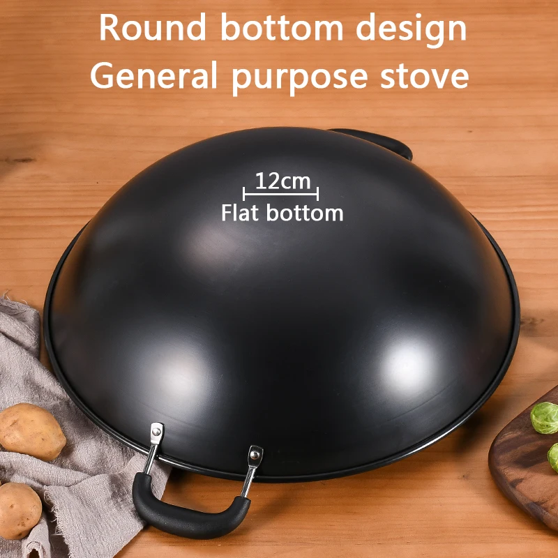 Stainless Steel Uncoated Nitriding Anti-rust Non Stick Braised Pan Black Refined Iron And Double Handle Wok