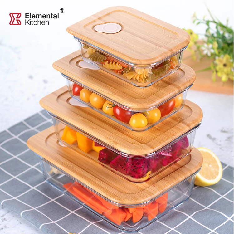 Bamboo Lid Lunch Box, Borosilicate Storage Canister, Glass Food Storage Containers