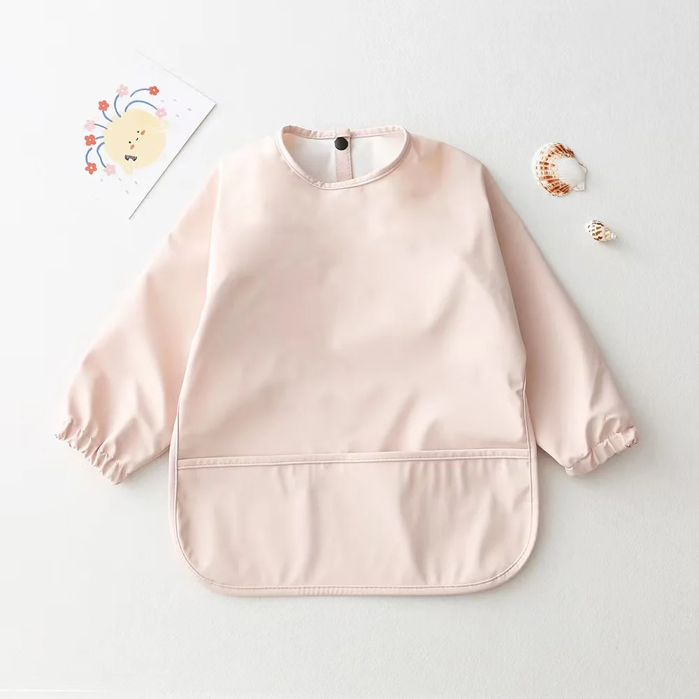Blank Plain Baby Girls PU Bib Baby Apron Feeding Sleeve Set Cloth Long Sleeve OEM Service 100% Polyester Printed Support Button