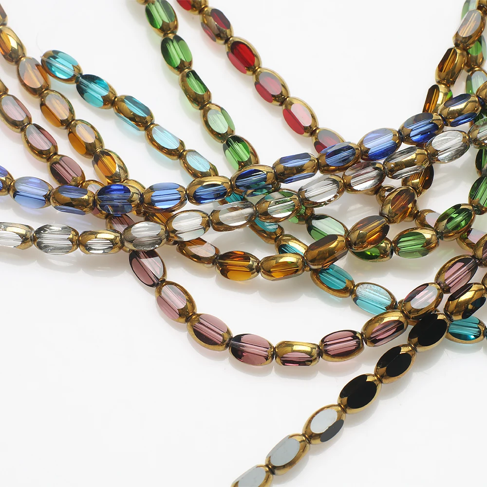 Zhubi Wholesale 4X6MM Colorful Jade Faceted Glass Beads Gold Edge Rice Shaped Round Crystal Beads for Jewelry Making